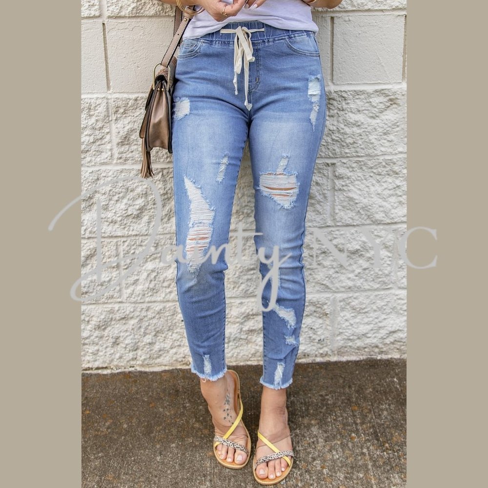 Drawstring Elastic Waist Distressed Ripped Jeans - Picture 3 of 10